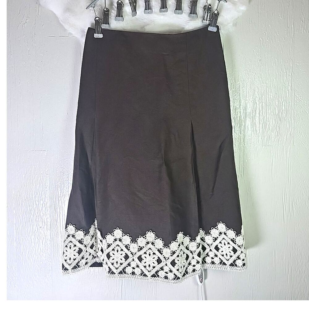 Ann Taylor Loft Inverted Pleated Linen Blend Skirt Crochet Womens 8 Brown Office